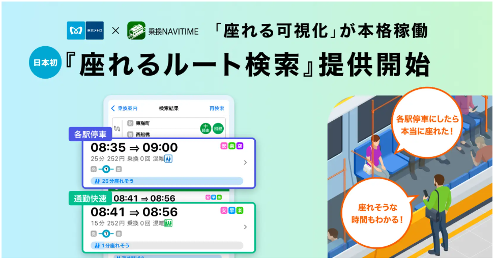 ナビタイムが東京メトロで座れるルート検索開始　